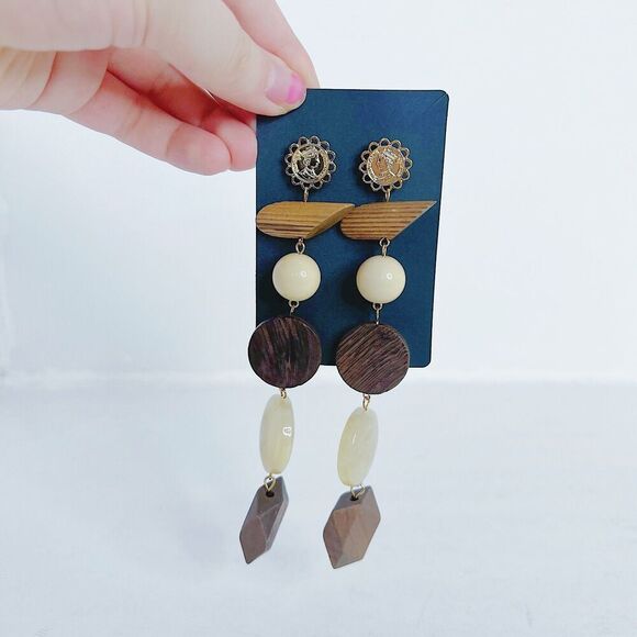 Natural Wood Statement Earrings Geometric Block Dangling Boho - Picture 2 of 4